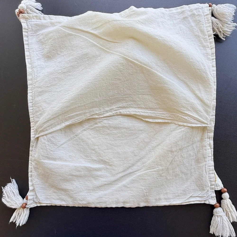 Vintage Embroidered Floral Tassel Pillow Covers Cream Cotton Set of 2 14x14